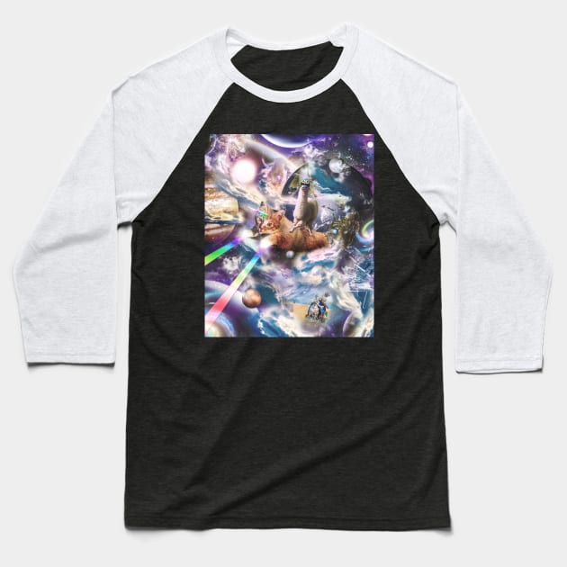 Llama On Rainbow Laser Cat Unicorn In Space Baseball T-Shirt by Random Galaxy